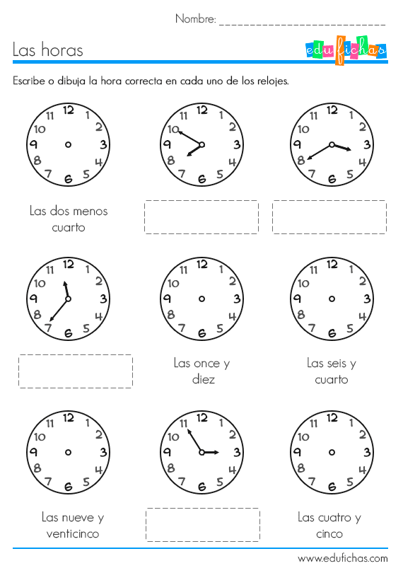 Aprender Las Horas Fichas Con Relojes Para Ni os