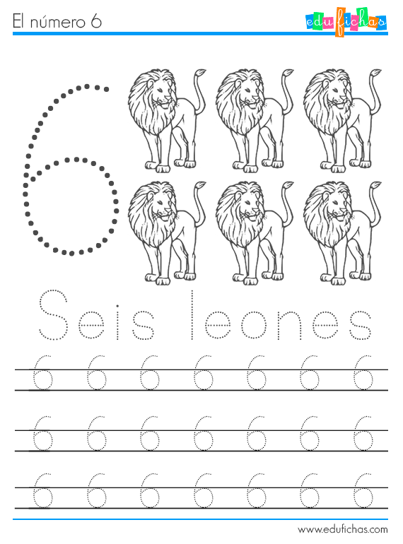 números y animales ficha 6 leones
