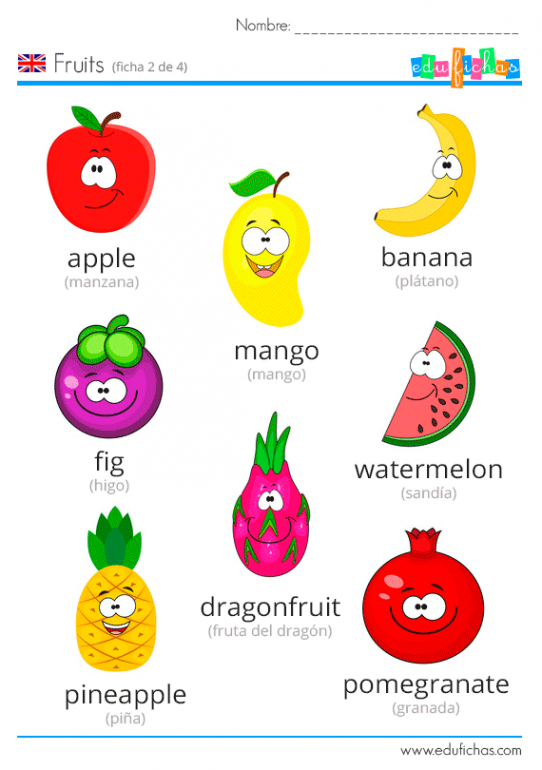 Frutas en Inglés para Niños. Aprender los Nombres de las Frutas【PDF】