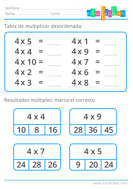 🥇 Tabla de multiplicar del 4 | Fichas + Ejercicios GRATIS