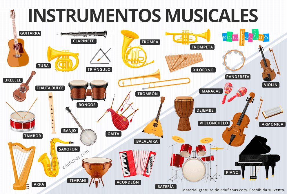 Asociar camioneta Resbaladizo Nombres de los Instrumentos Musicales para Niños + Fichas en PDF